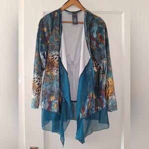 Covington Mixed Print Kimono Cardigan L Tiger Paisley Snake Chiffon Trim